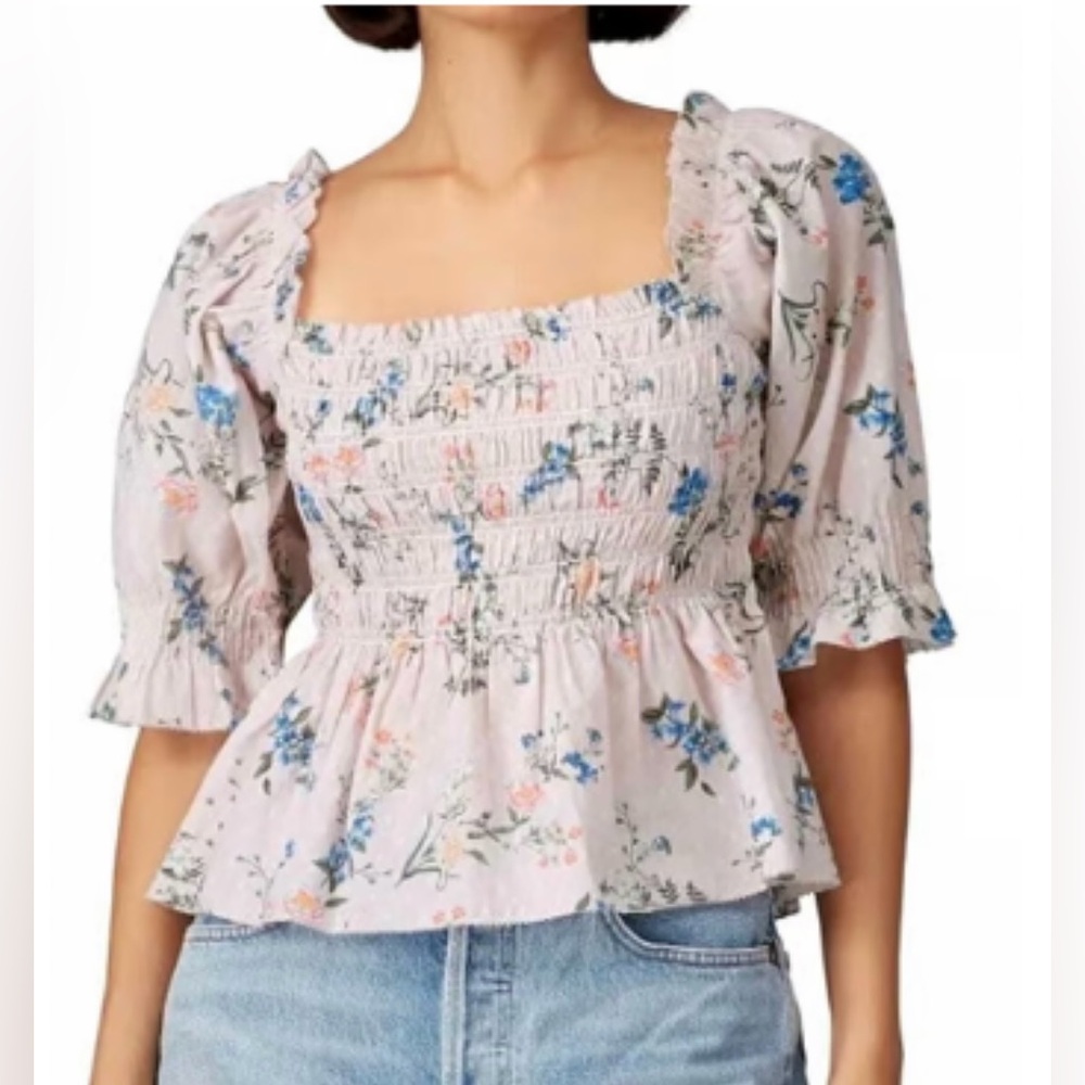 Saylor Shirt Womens Medium Pink Cotton Floral Smocked Peplum Clover Blouses